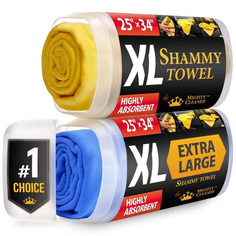 Mighty Cleaner منشفة شامي ممتازة مقاس XL للسيارة - قطعتان (34 × 25) - منشفة شامواه فائقة الامتصاص للسيارة - قماش شامي خالي من البقع والخدوش لتجفيف السيارة - منشفة تجفيف السيارة قابلة لإعادة الاستخدام - Image 1